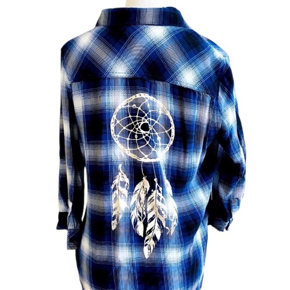 Polly & Esther Shirt Plaid Button Down Blue Medium Dream Catcher Boho Whimsigoth